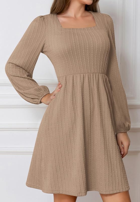 MarryUP Womens Knit Sweater Dresses 2024 Cute Long Sleeve Square Neck Casual Flowy Dresses Women Knee Length Dresses with Pockets Beige L image 5