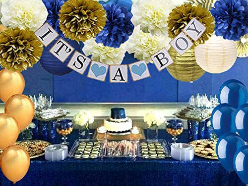 Navy Blue Baby Shower Party Decorations-It's A Boy Banner Tissue Pom Pom Paper Lanterns Balloons For Royal Prince Baby Shower Nautical Baby Shower 1St Birthday Decor #TOP5