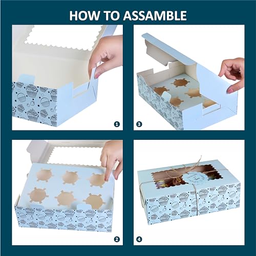 Image of mudrit Cupcake Boxes with Insert Trays (Pack of 10), Cupcake Carrier, Food Grade Bakery Boxes with Windows to fit 6 Cupcakes, Muffins or Pastries (Blue)