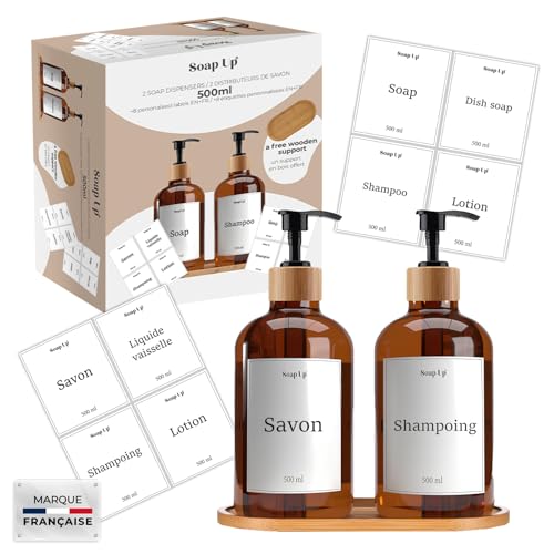 2 Distributeurs 50 cl pour Savon, Shampoing, Liquide Vaisselle | Support en Bambou, Entonnoir & Etiquettes Personnalisées | Accessoire Cuisine & Salle de Bain Pratique...
