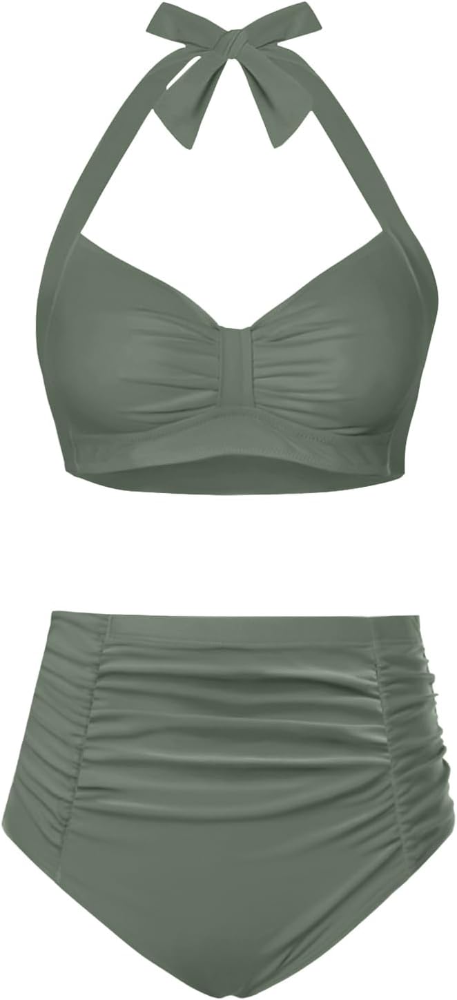 Holipick Women High Waisted Bikini Set Two Piece Swimsuit Tummy Control Bathing Suit Vintage Halter Swimwear