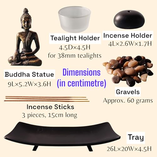 ZEN&TAO Japanese Zen Garden Style Incense and Tealight Holder Set Black Tray with with Buddha Statue, Incense Holder, Candle Holder and Natural Graves - Image 3