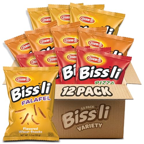 Osem Bissli Variety Pack – 3 Bold Flavors: Falafel, Pizza, BBQ, 1.23oz Bags (Pack of 12) – Crunchy Wheat Snacks
