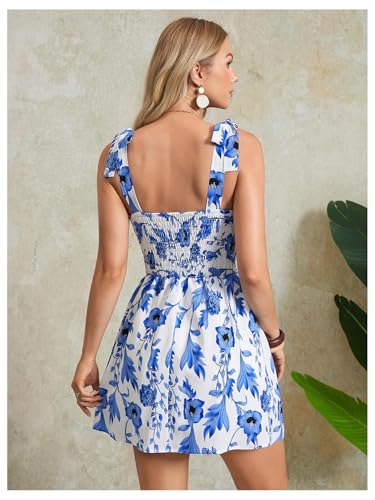 Image of MakeMeChic Women's Summer Floral Mini Dress Shirred Tie Shoulder Sleeveless A Line Short Cami Sundresses
