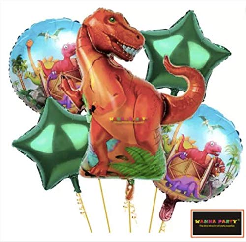 WP WANNA PARTY Roar Dinosaur T Rex Jurassic Theme Foil Balloon Bouquet Set of 5, Multicolor