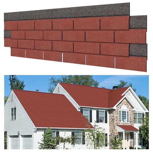 Maasechs 7 Pack 39'' X13'' Double Layer Asphalt Roof Shingles for Home 3-tab Roofing Shingles Tile Repairing Self Adhesive Shed Decor for Outdoor Garage Pet House Cover 10.7 Square Feet(Grey, Red)
