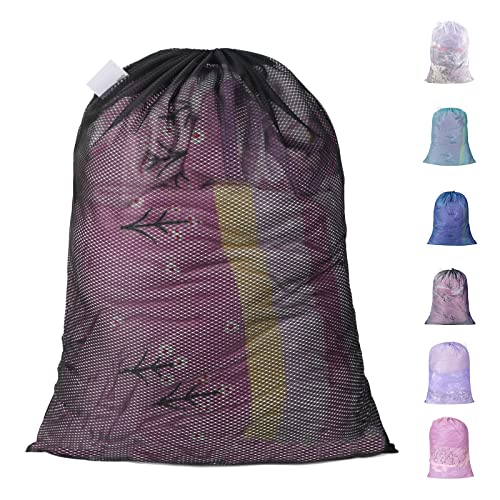 Polecasa Heavy Duty Large Mesh Laundry Bag with ID Tag and Locking Drawstring Closure - 24 x 36 inches - Laundry Hamper Liner, Washable Laundry Bags for Travel, Sports, Dorms ( Black )