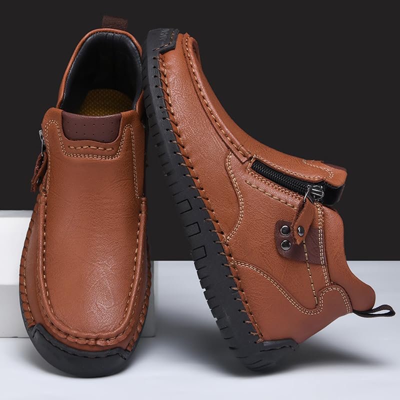 Men's Handmade Leather Slip-On Driving Boots with Side Zipper, Mens Outdoor Casual Flat Lightweight Waterproof Walking Loafers Shoes with Arch Support, Comfortable Driving Shoes4