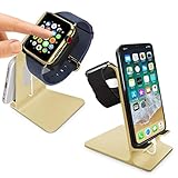 Orzly® - DuoStand Charge Station for Apple Watch & iPhone - Aluminum Desk Stand Cradle in GOLD with Built-In Insert Slots for both Grommet Wireless Charger and Lightning Cable for use as a fully functional Charging Station / Dock for both your Apple Watch & iPhone Simultaneously - Fits iPhone Models: 5 / 5S / 5C / 6 / 6 PLUS and both 42mm & 38mm sizes of 2015 Watch Models (Original BASIC Model / SPORT Version / and EDITION Models)