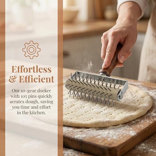Image of Hiceeden Set of 2 Pizza Dough Roller & Dough Docker, Stainless Steel Dough Hole Maker Puncher Wooden Rolling Pin for Pizza, Cookie, Pie, Pastry, Bread, Crust