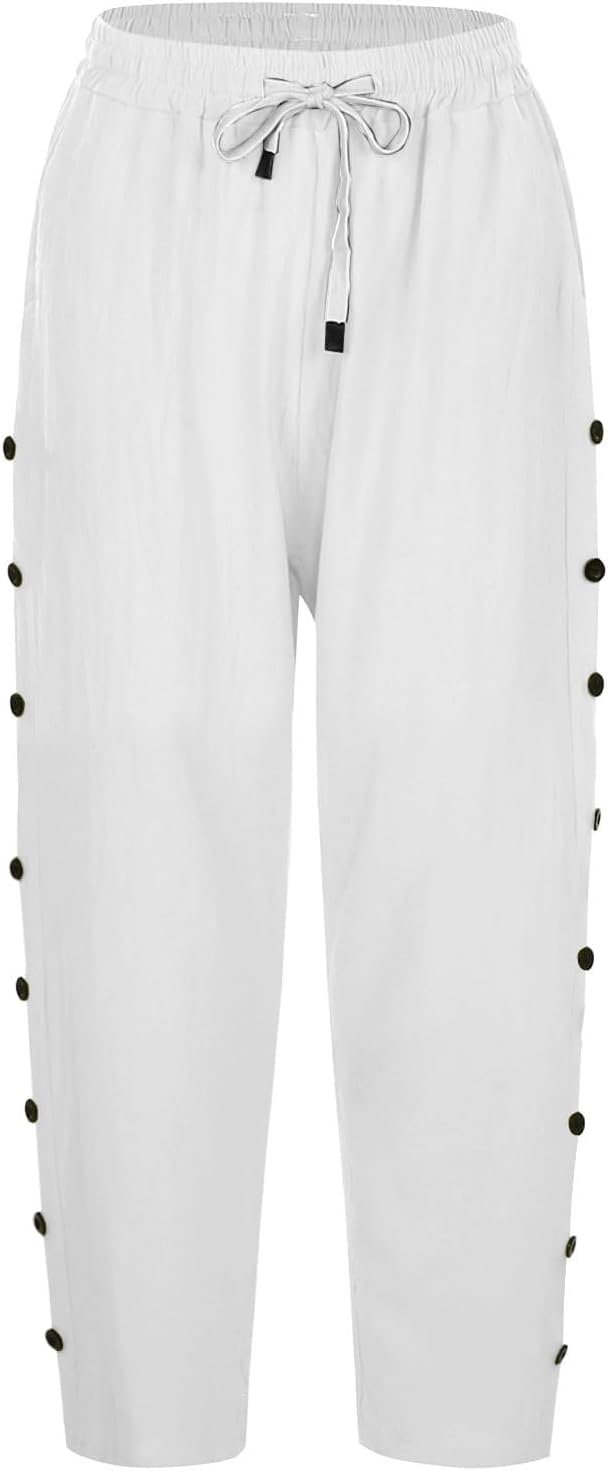 Womens High Waist Drawstring Pants Striped Casual Fashion Breathable Capris Button Side Crop Pant with Pockets