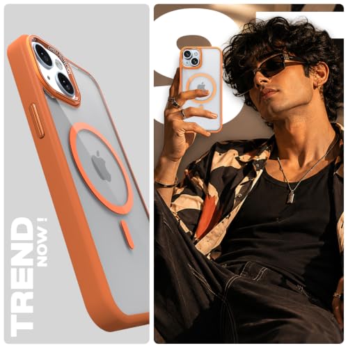 Image of Pikkme Back Cover for iPhone 14 | Shockproof | Mag-Safe Compatible | Hard Transparent Back | Premium Raised Camera Protection | Bumper Case (Orange Mag-Safe)