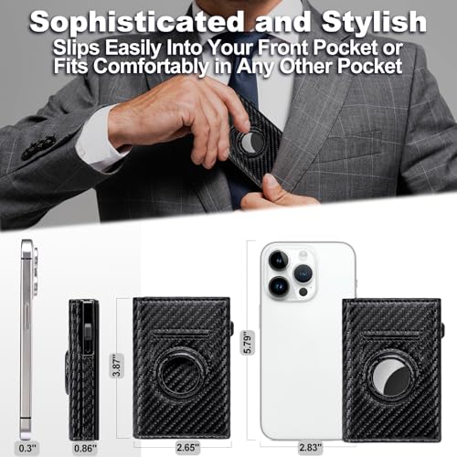 Men's RFID Blocking Smart Wallet Genuine Leather AirTag Compatible Pop-Up Card Case 9-14 Capacity with ID Window Brown (Carbon Fiber Black)3