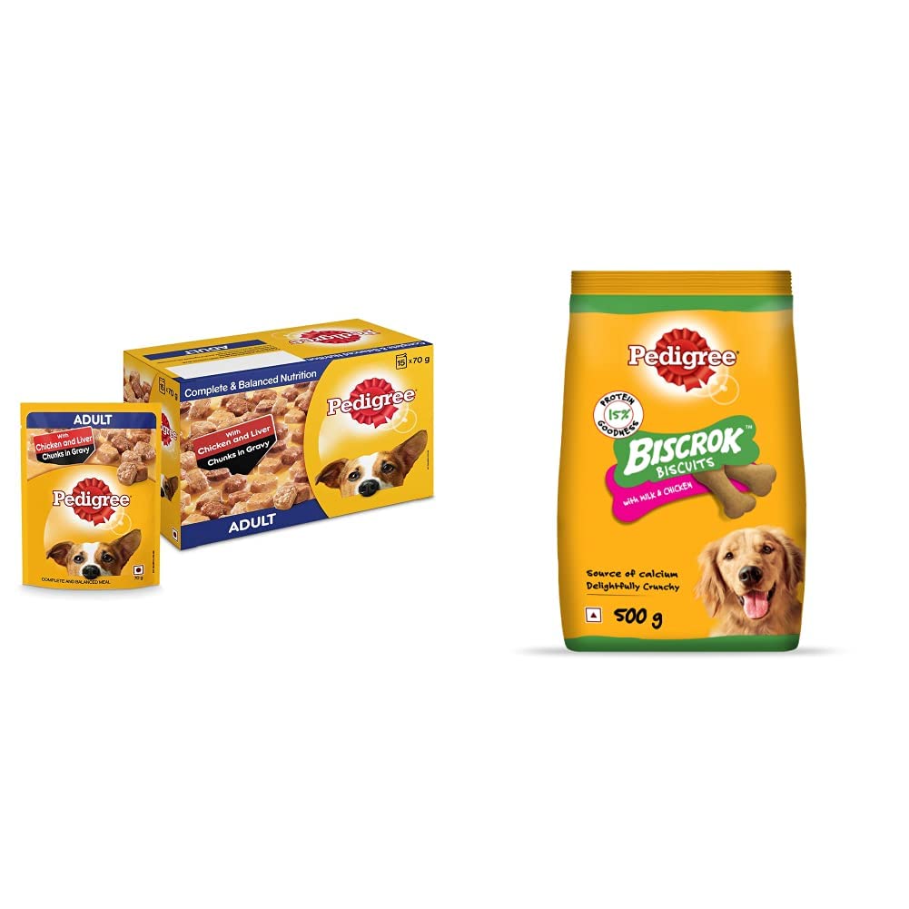 Pedigree Adult Wet Dog Food, Chicken & Liver Chunks in Gravy, 70 g (Pack of 15) and Biscrok Biscuits Dog Treats (Above 4 Months), Milk and Chicken Flavor, 500g Pack (B08GMWQW7D) Amazon Price History, Amazon Price Tracker