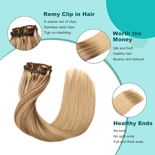 SURNEL 16inch Clip in Hair Extensions Human Hair 6pcs 100g Double Weft Clip in Extensions Balayage Ombre Color 10 Golden Brown Highlighted Fading to 16 Golden Blonde (C#10/16/16,16'') - Image 4
