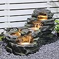 37" L Garden Outdoor Water Fountain, Floor Standing Tiers Rock Natural Waterfall Outdoor Fountains with LED Lights for Garden, Patio, Porch