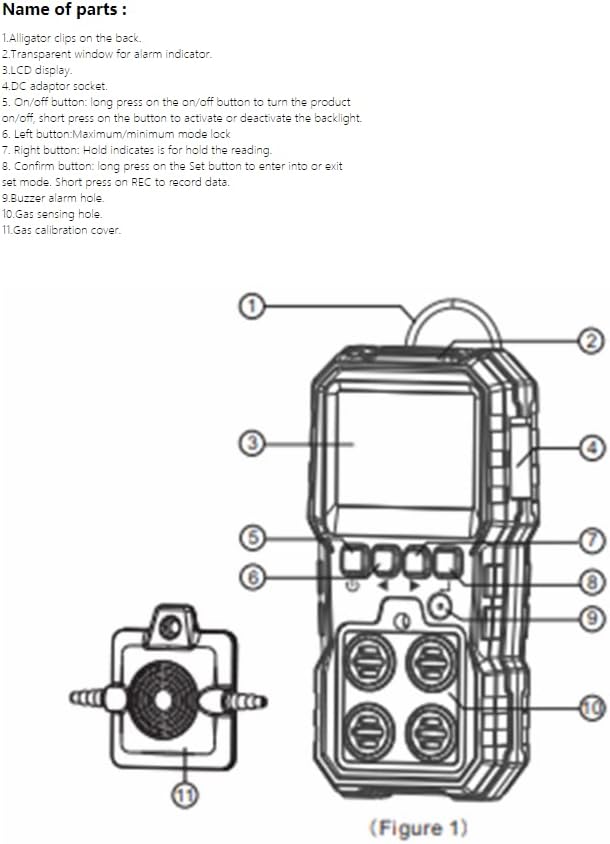 Diagram showing labeled parts of the WT8812 gas detector