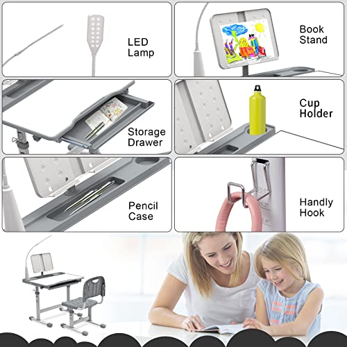 Wrilibo Kids Desk And Chair Set 10-12 Year Old, Kids Study Desk With Light, 40 Degree Tilted Tabletop Desk For Kids,Height Adjustable Kids School Desk For Boys And Girls,Grey #TOP3