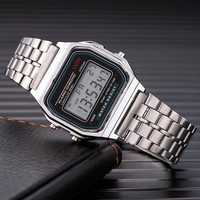 Image of Premium Digital Square Dial Unisex Wrist Watch for Men & Women | Vintage 4-Color Display | WR70ist Sports, Casual & Fashion Watch(Silver)