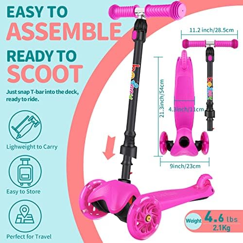 BELEEV Scooter for Kids Ages 2-6, 3 Wheel Kick Scooter for Toddlers Girls Boys, 4 Adjustable Height, Lean to Steer, Light up Wheels, Wide Deck, Easy to Assemble, Lightweight Scooter for Children 5