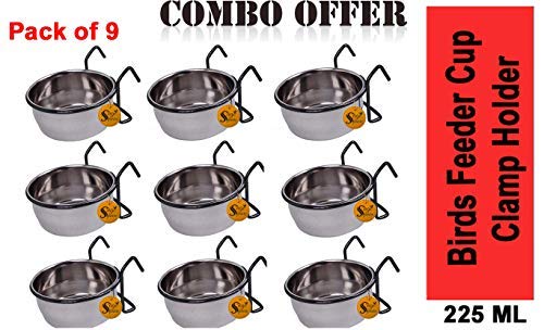 Image of Sage Square Rustproof Stainless Steel Cage Food, Seed, Water Feeder Cum Bowl with Holder clamp for Birds (225ml) (Set of 9)