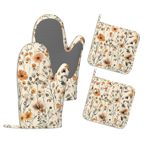 Kitchen Mitts Set,Rustic Floral Oven Mitts and Pot Holders Sets,Thick Cotton Heat Resistant Vintage Farmhouse Flower Hot Pan Holder Extra Long Cooking Mitts for Cooking Baking Grilling BBQ Bakeries