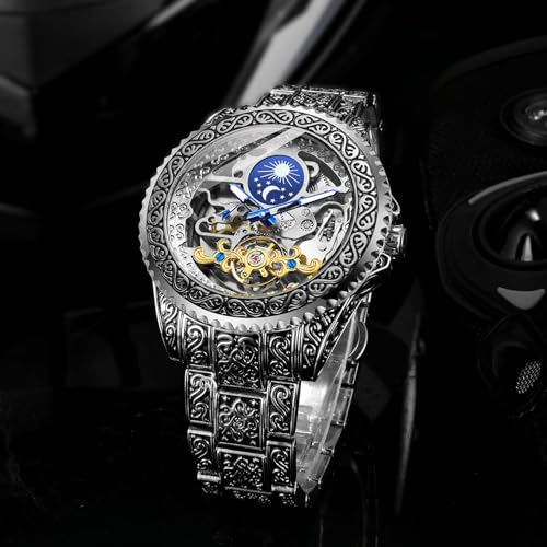 Image of Gute Men's Watch Retro Mechanical Skeleton Watch with Carved Automatic Tourbillon, Moon Phase, Independent Seconds, and Big Dial Design - Self-Wind Automatic Wrist Watches