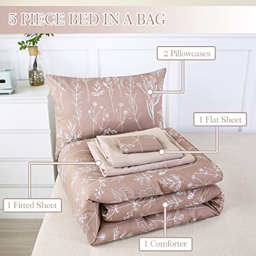 Urbonur Taupe Queen Comforter Set With Sheets, 5Pcs Bed In A Bag, Botanical Leaf And Floral Bedding Set Comforter For Queen Bed, Khaki/Taupe Queen Bed Set #TOP1