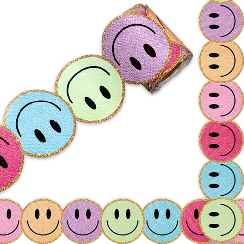 Image of Whaline 32.8ft Happy Face Bulletin Board Border Rose Red Blue Purple Smile Face Die-Cut Border Trim with Gold Edge for Retro Boho Chalkboard Decoration
