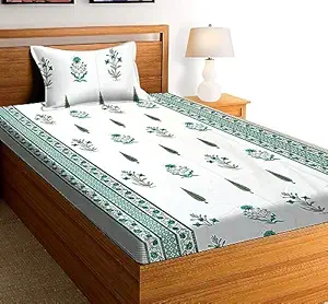 COZY FURNISH Pure Cotton 154 TC Single Bedsheet with Pillow Cover,Jaipuri HandBlock Print Cotton Bedsheet 60X90(inches) Pillow Cover 17X27(Inches) (Single, Cyan)