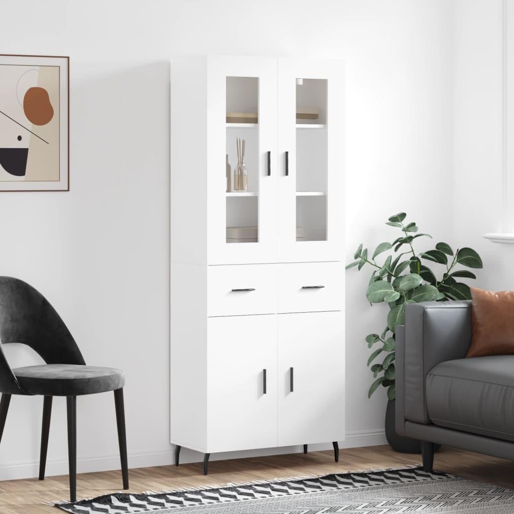 Meuble haut blanc 69,5 x 34 x 180 cm en bois avec pieds en métal, élégante armoire de salon, buffet polyvalent pour cuisine, couloir et chambre à coucher, commodes et buffets stables