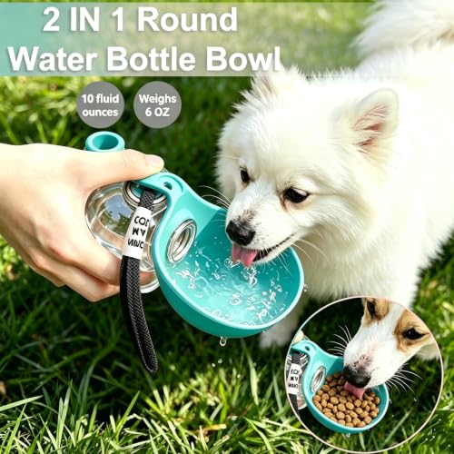 Image of Dog Water Bottle Portable, 2in1 Round Dog Water Bowl PET 10oz | Leak Proof Pet Water Dispenser, Foldable Silicone Bowl Drinking Bottle for Dogs Puppy Cats Travel Walking Hiking Camping Blue