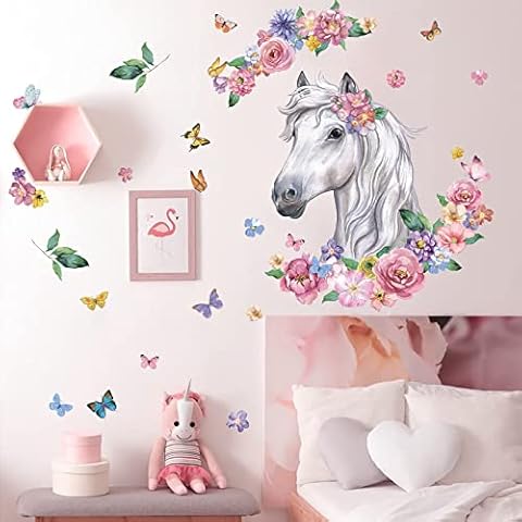 HPNIUB White Horse Wall Stickers,Wall Stickers for Bedroom for Girls,Leaves Flowers Wall Stickers,Butterfly Wall Decals for Kids Room,Farm Animals Horse Wall Murals for Nursery Living Room Decor Cover