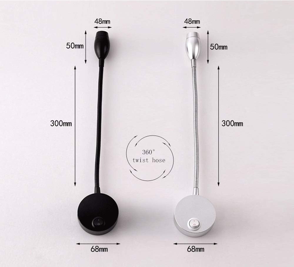 Led Reading Light with Swing Arm Fixture with on Off Switch, Modern Wall Lamp Flexible Wall Mounted Gooseneck Adjustable Bedside Lights/Black-6000K (Silver 3000k)
