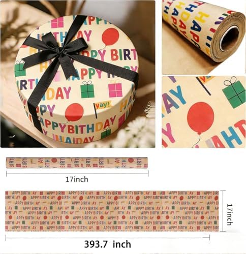 Birthday Wrapping Paper, Kraft Wrapping Paper Roll,ColorfulText "Happy Birthday" Balloon and Vintage gift wrapping paper for Baby,Boy,Girl,Kids,Man,Women (17 inch X 393.7 inch) - 1