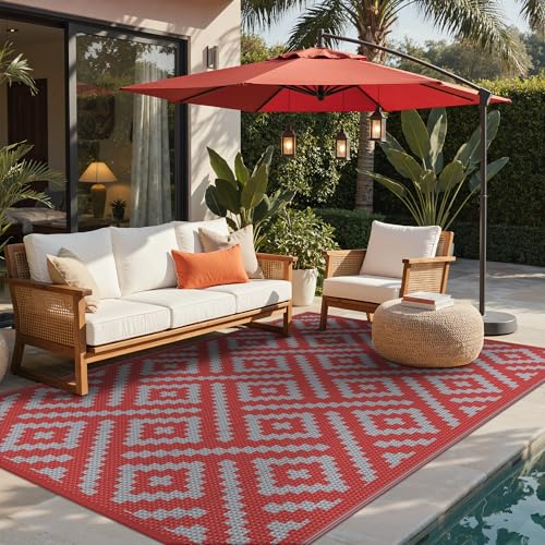 Image of GENIMO Outdoor Rug, Waterproof Plastic Rugs for Patio, 6'x9' Red Grey