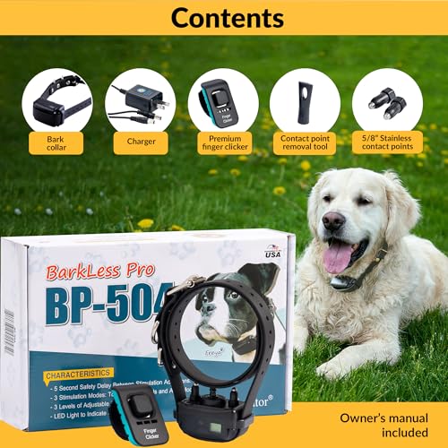 Educator BarkLess Pro Anti-Bark Dog Collar, Rechargeable Waterproof, Odorproof Training Collar with Adjustable Sensitivity and Stimulation Level, Includes Finger Clicker, for Small Medium Large Dogs