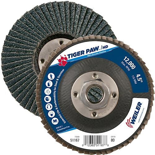 Image of Weiler 51167 Tiger Paw XHD Super High Density Abrasive Flap Disc, Type 27 Flat Style, Phenolic Backing, Zirconia Alumina, 4-1 /2 inch Diameter, 5 /8 inch-11 Arbor, 80 Grit, 12000 RPM (Pack of 10)