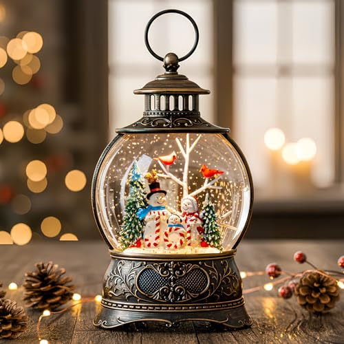 Christmas Snow Globe Lighted Snowman Family&Cardinal Scene, Musical Snow Water Lantern Swirling Glittering Home Decoration and Gift, Battery Operated or USB Powered