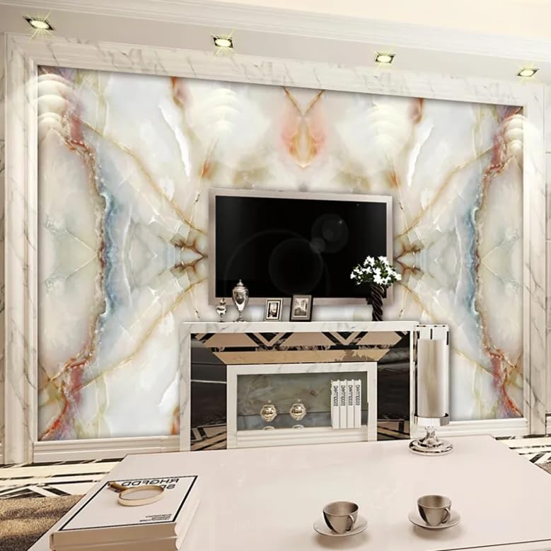 Papier peint marbre 3D pour transformer un mur de salon impersonnel