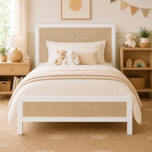 IMMERSTABLE Rattan Twin Bed Frame with Headboard, Boho Twin Metal Platform Bed Frame with Steel Slats, Under Bed Storage, Rounded Corners, No Box Spring Needed, Quiet Design, Easy Assembly, White