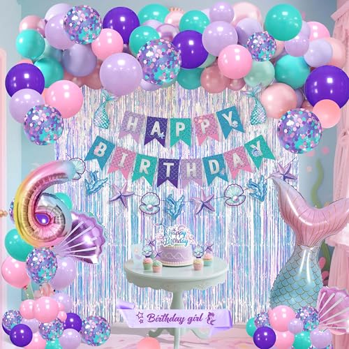 Mermaid Birthday Party Decorations,Mermaid Balloons Kit Sea Balloon Tail Foil Balloon for Girls,Birthday Banner,Sash,Cake Toppers (Number 6)