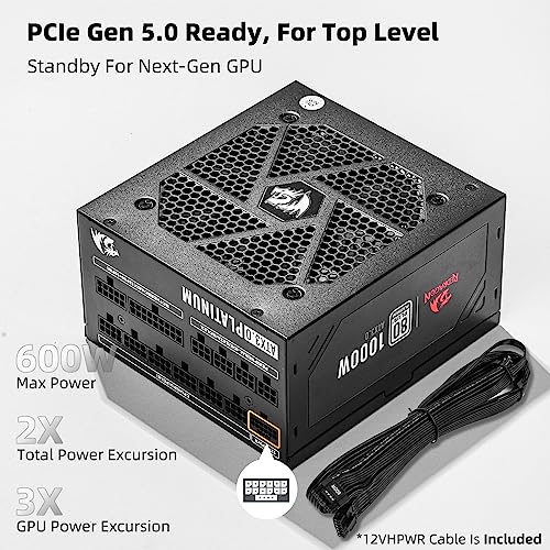 Image of Redragon PSU017 80+ Platinum 1000 Watt ATX 3.0 & PCIe 5.0 Fully Modular Gaming Power Supply, 80 Plus Certified, 100% Japanese Capacitors & Low Noise Smart-ECO Fan, Fully Modular w /12VHPWR Cable