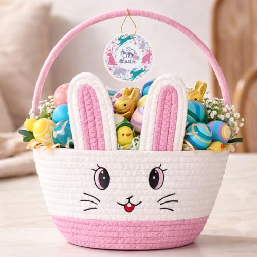 Allaugh Personalized Easter Basket for Toddler: Pink Cotton Woven...
