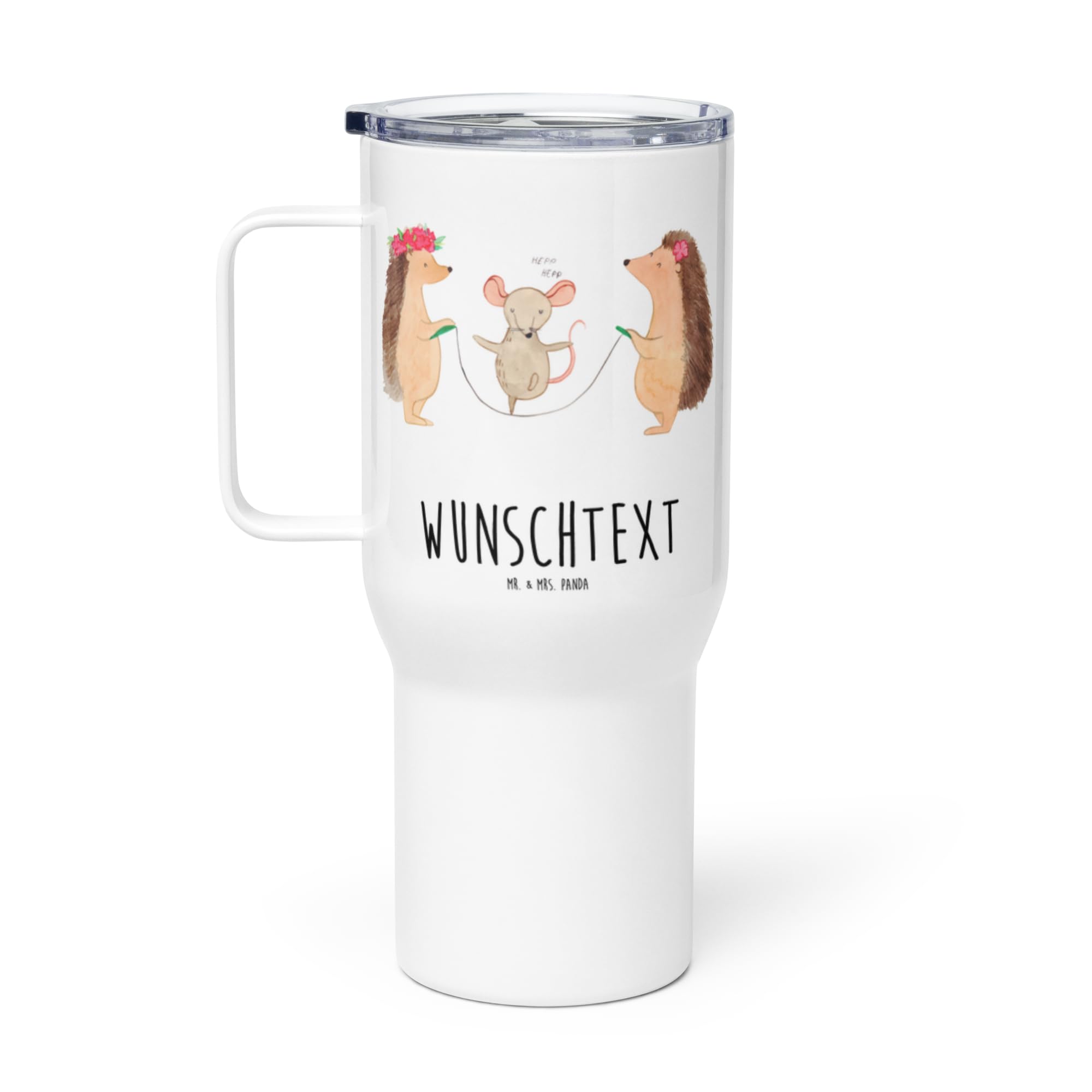 Mr. & Mrs. Panda Personalisierter XXL Thermobecher Igel Seilhüpfen - Personalisierte Geschenke, Reisebecher, PersonalisierteXL Reisetasse, Gute Laune, Maus, Kinder, Seilspringen, Kindergarten, XL