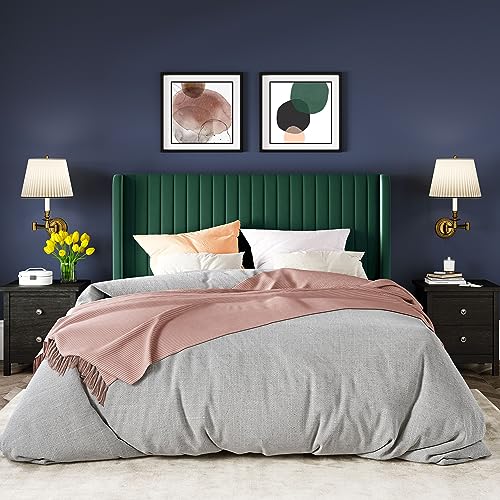 Allewie Full Size Bed Frame/Velvet Upholstered Platform Bed/Vertical Channel Tufted Wingback Headboard/Strong Wooden Slats/No Box Spring Needed/Easy Assembly/Green