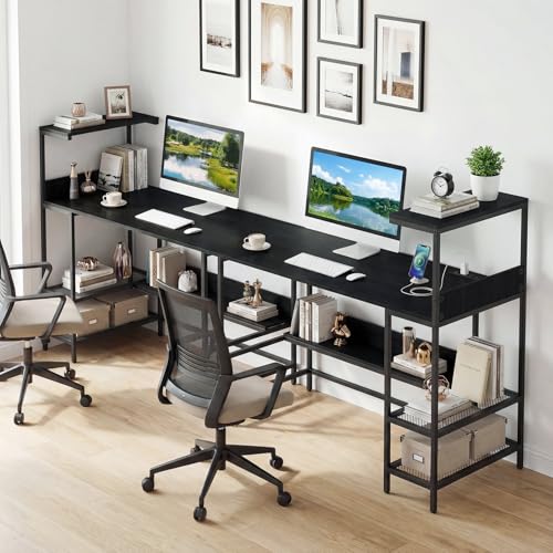 Image of Tangkula 48 inch Reversible Computer Desk with Bookshelves, Home Office Desk with Power Outlets, Hook and Storage Shelves, Writing Study Desk for Living Room, Study Room, Office (Black)