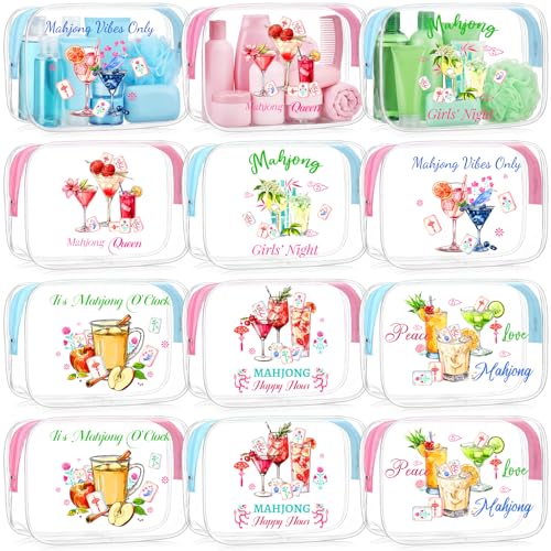 Hsei 12 Pcs Mahjong Cosmetic Bag Gifts for Women Mahjong Cocktail Clear Makeup Bag Waterproof PVC Mah Jong Zippered Pouch for Lover Player Mah Jong Gifts Friend Grandma Mother's Day Birthday New Year