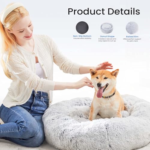 Image of NEWBULIG 37.4x37.4 Inch Dog Couch Bed, Round Shape Large Sized Donut Beds for Indoor Dogs and Cats with Removable Cover, Anti-Slip, Cozy Fluffy Sofa, Grey