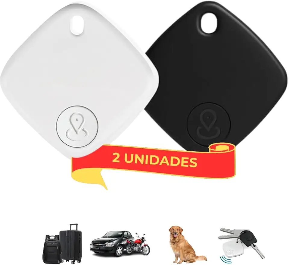 Kit 2 Rastreadores Bluetooth Compativel com iPhone IOS (App Buscar) Mochila Mala Pet Carro Chaves Alarme Sonoro Alcance Global GPS Localizador Premium